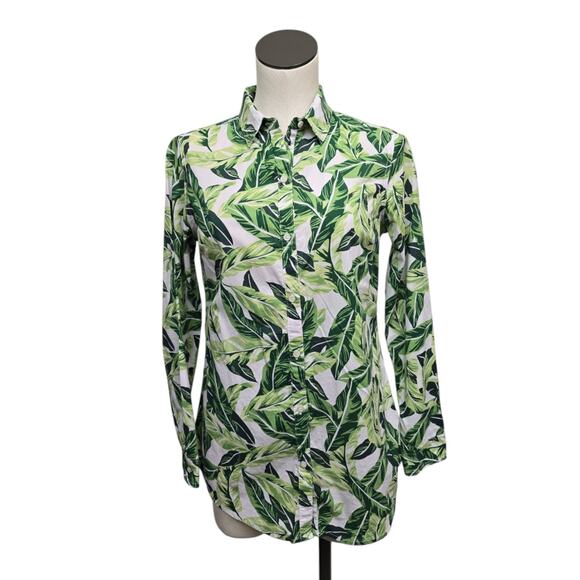 J McLaughlin Lois Shirt Women Sz Small Green Palm Tropical Leaf Vacation‎ Resort - Picture 1 of 9